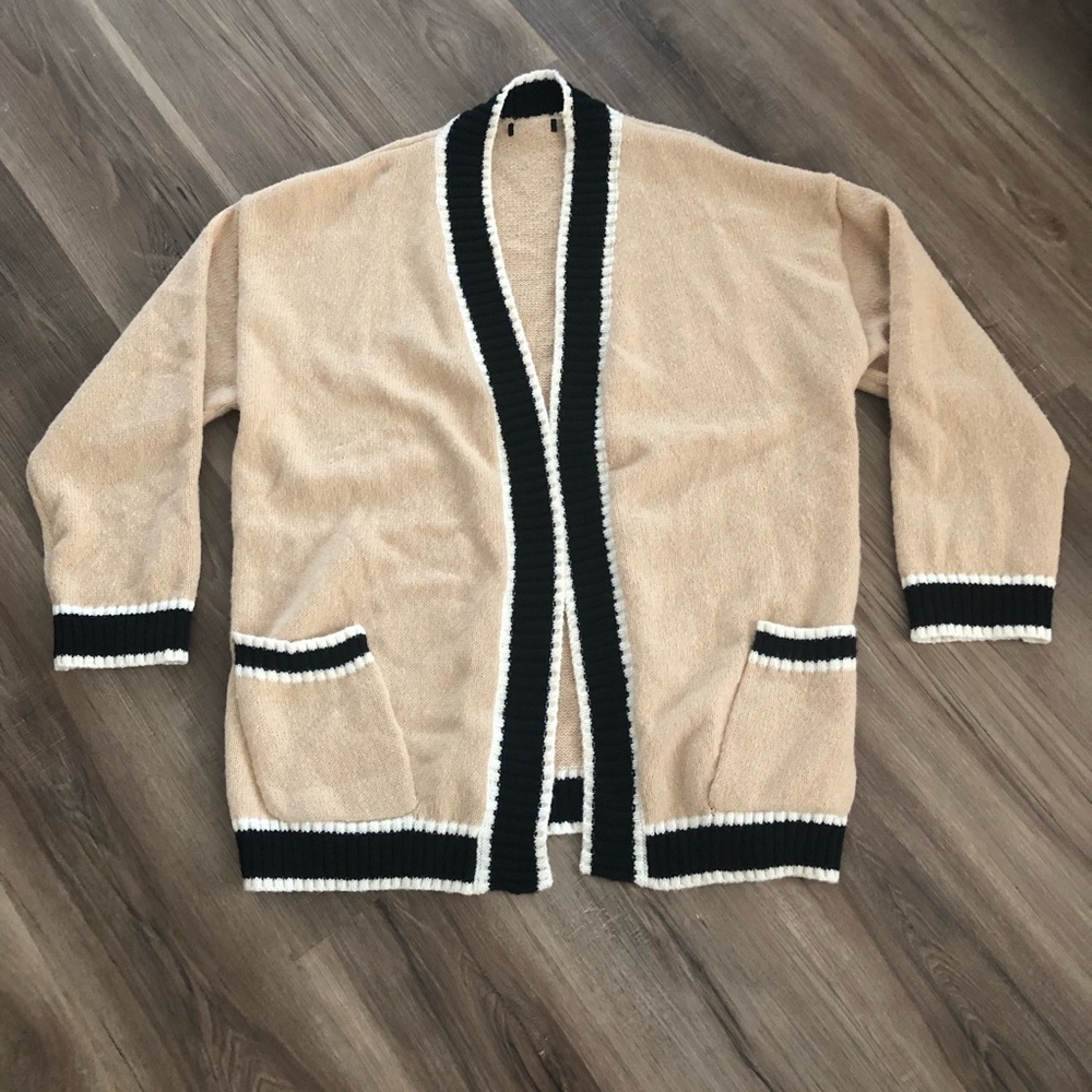 Women’s Cream Stripe Trim Open Front Knit Cardigan Fits M-L